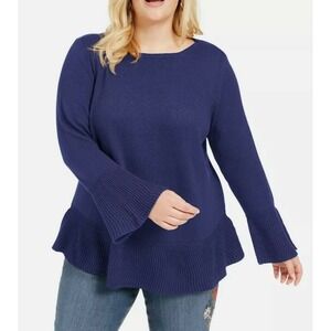 Style& Co Sweater Industrial Blue Round Neck Size 2X Plus Long Flared Sleeves